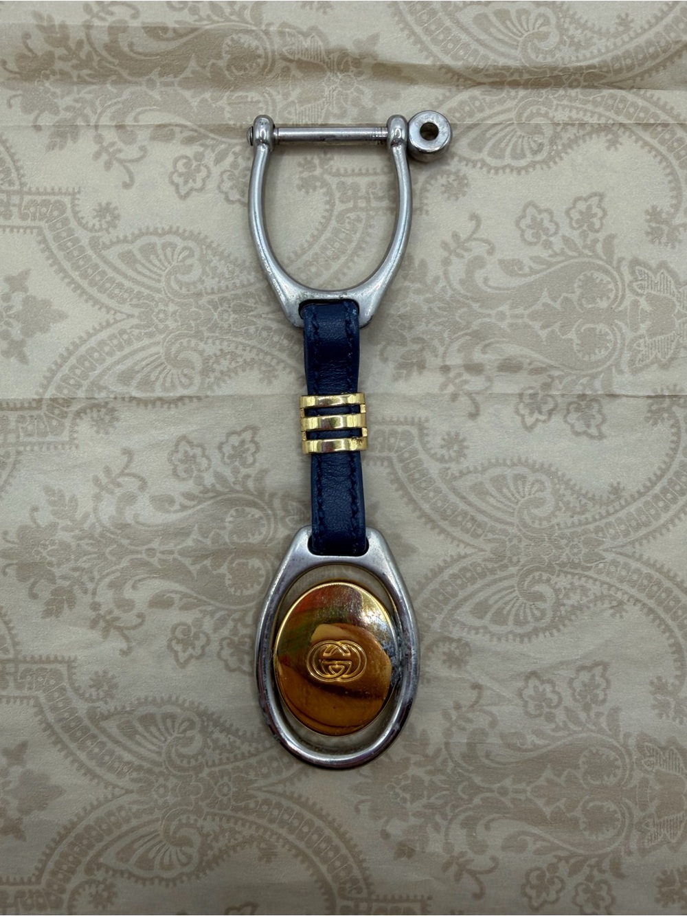 Gucci Blue Leather Key Ring with Gold and Silver Hardware